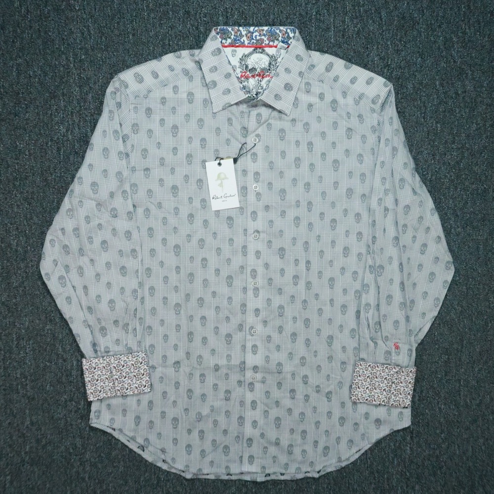 Robert Graham Shirt Mens Large Gray Kinderhook Skull Print Flip Cuff Classic Fit